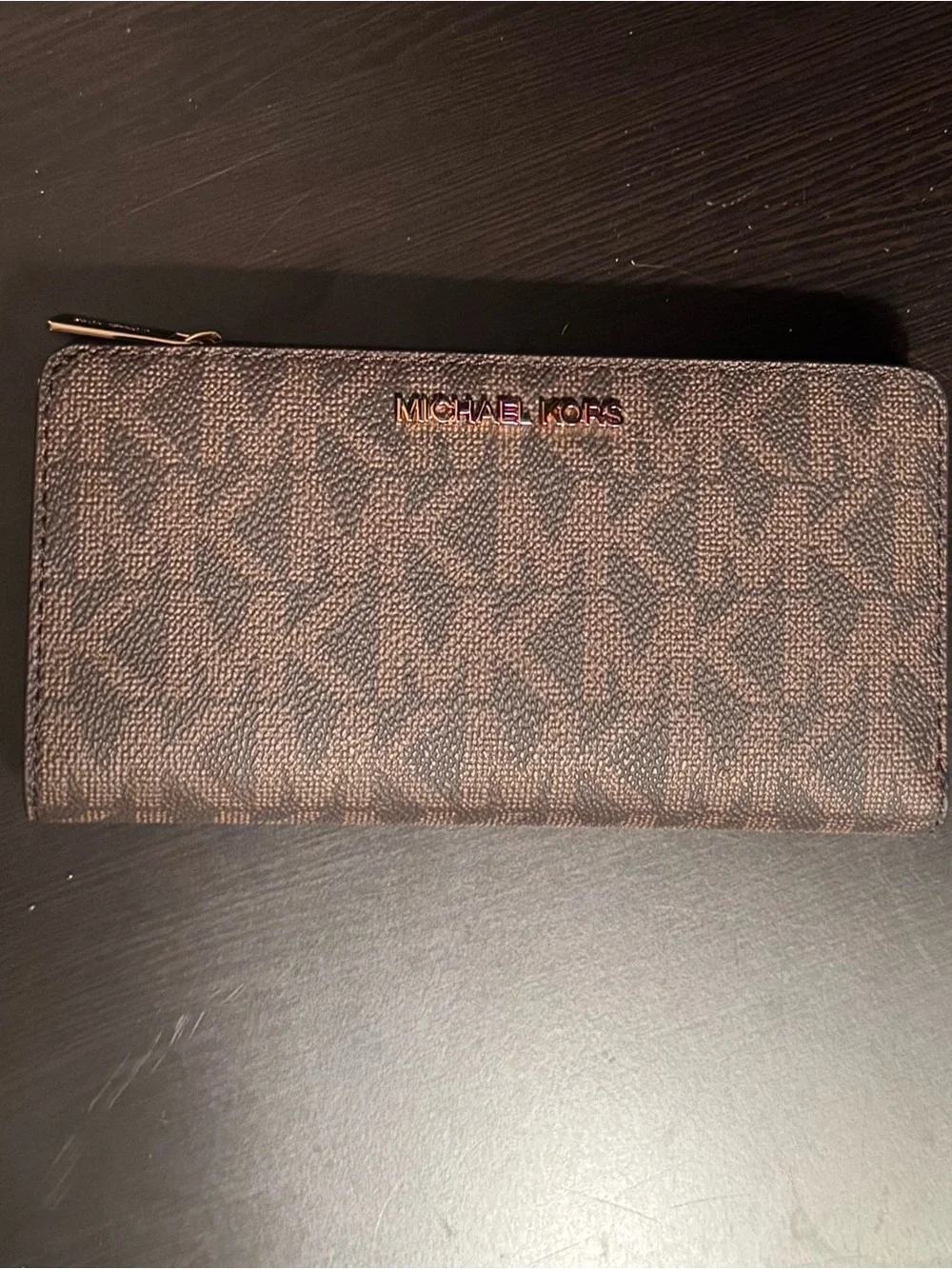 Michael Kors Brown Monogram Zip Wallet with Gold Logo